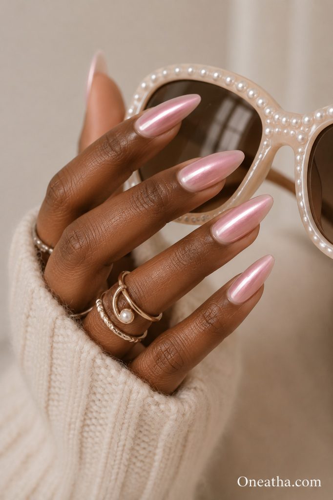 Pearl pink almond nails.