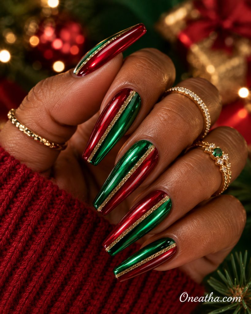 Red and green chrome Christmas nails by Oneatha.
