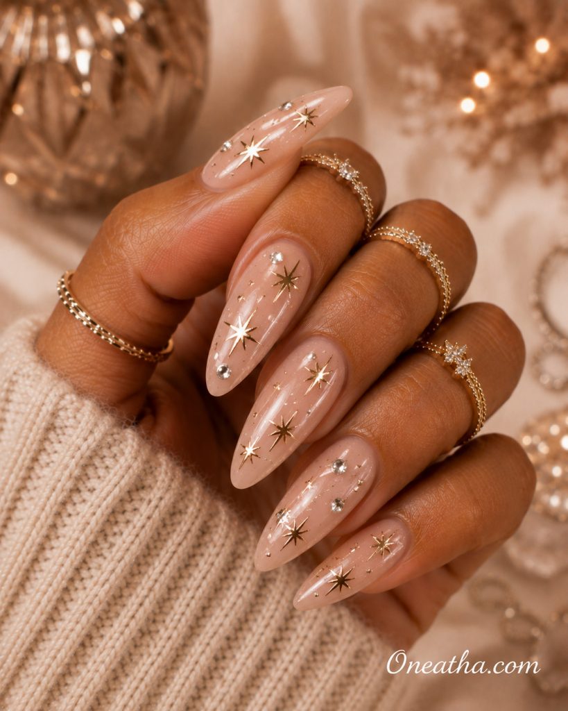 Gold star Christmas nails by Oneatha.
