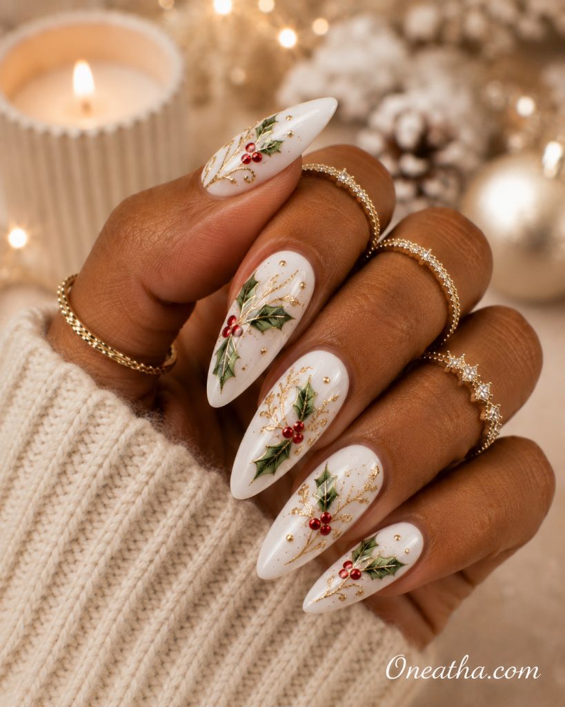 Holly berry Christmas nails by Oneatha.