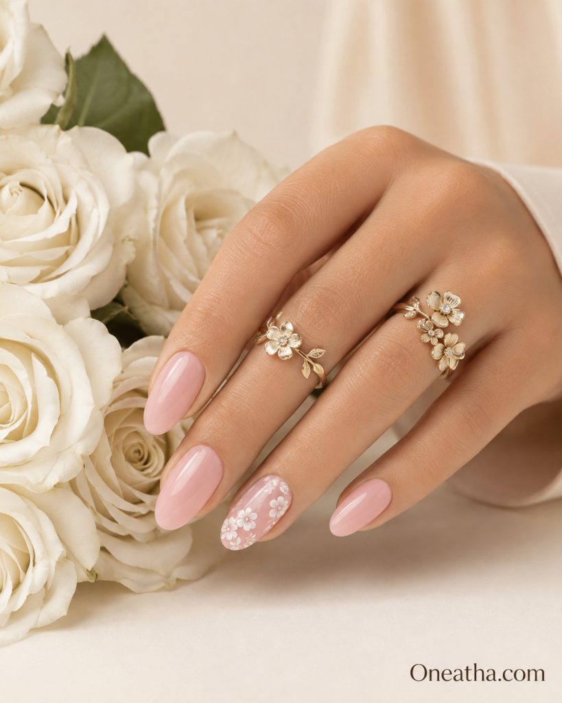 Soft petal pink floral oval nails.