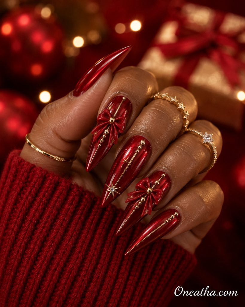Red ribbon Christmas nails by Oneatha.