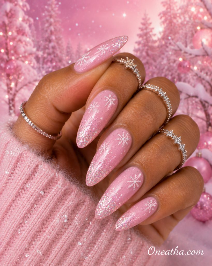 Pink glitter Christmas nails by Oneatha.