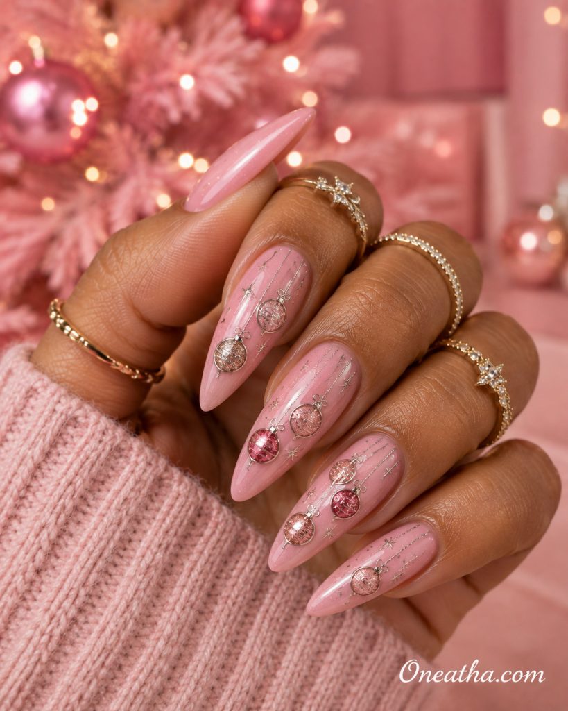 Pink ornament Christmas nails by Oneatha.