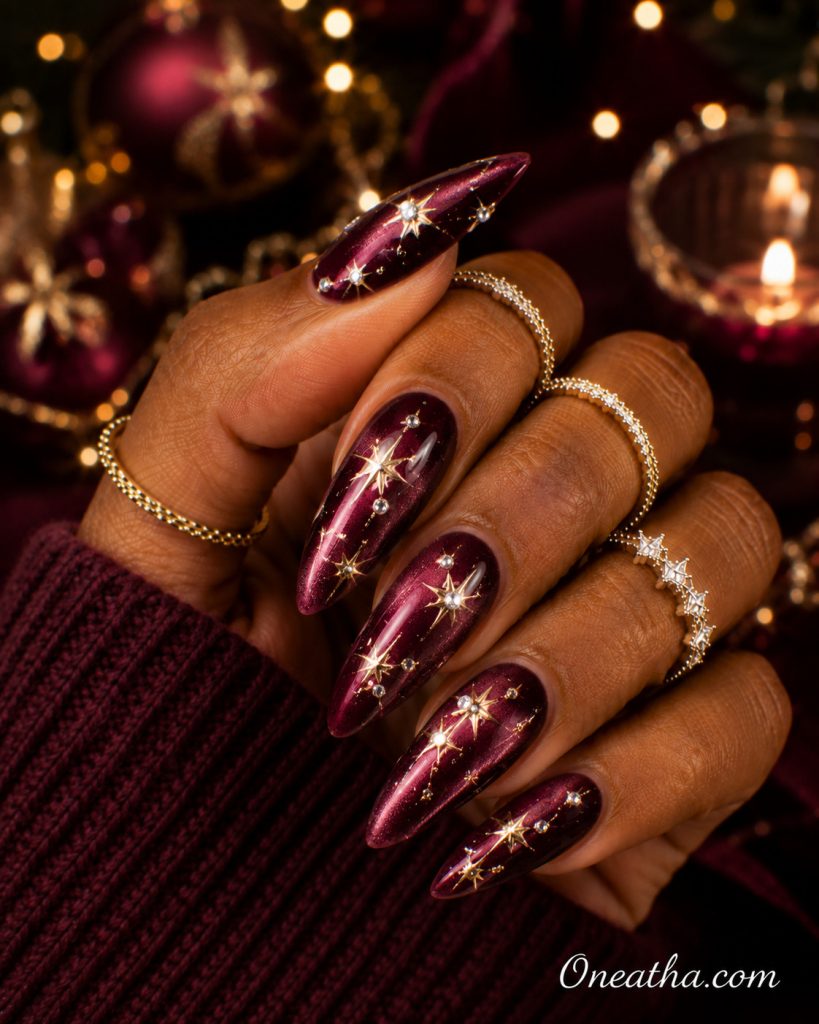 Burgundy Christmas nails by Oneatha.