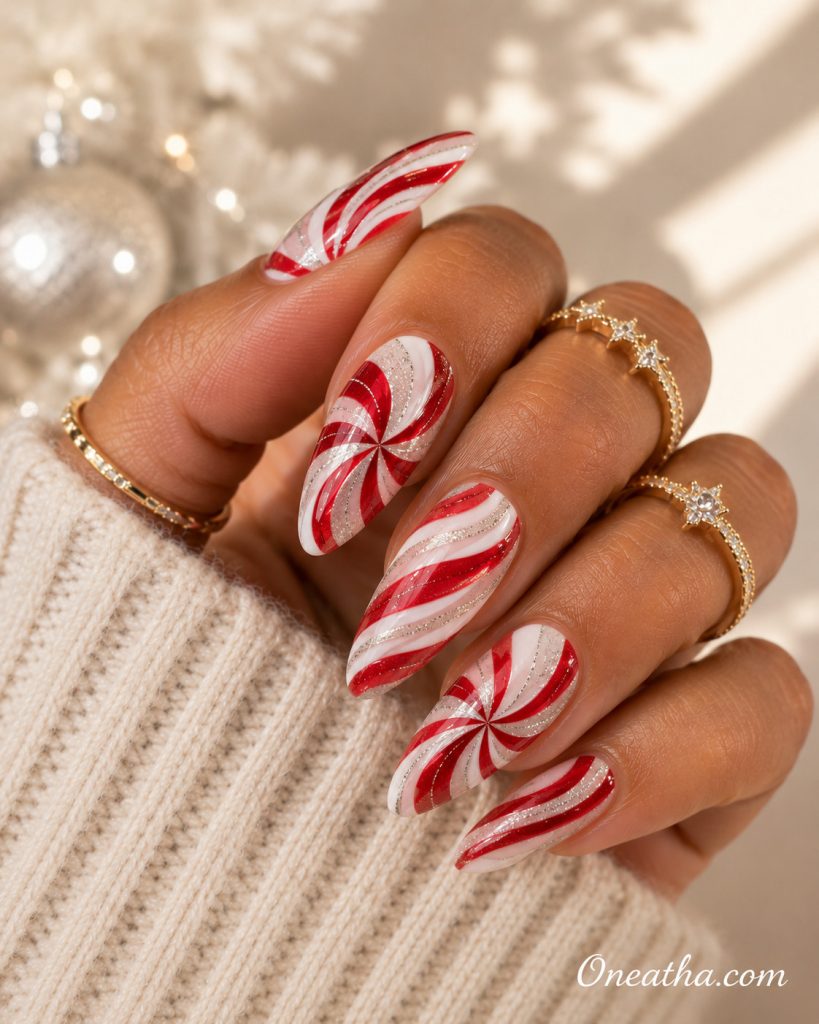 Candy cane swirl Christmas nails by Oneatha.