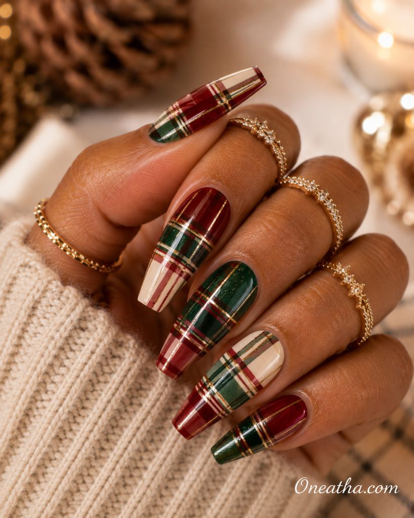 Plaid Christmas nails by Oneatha.