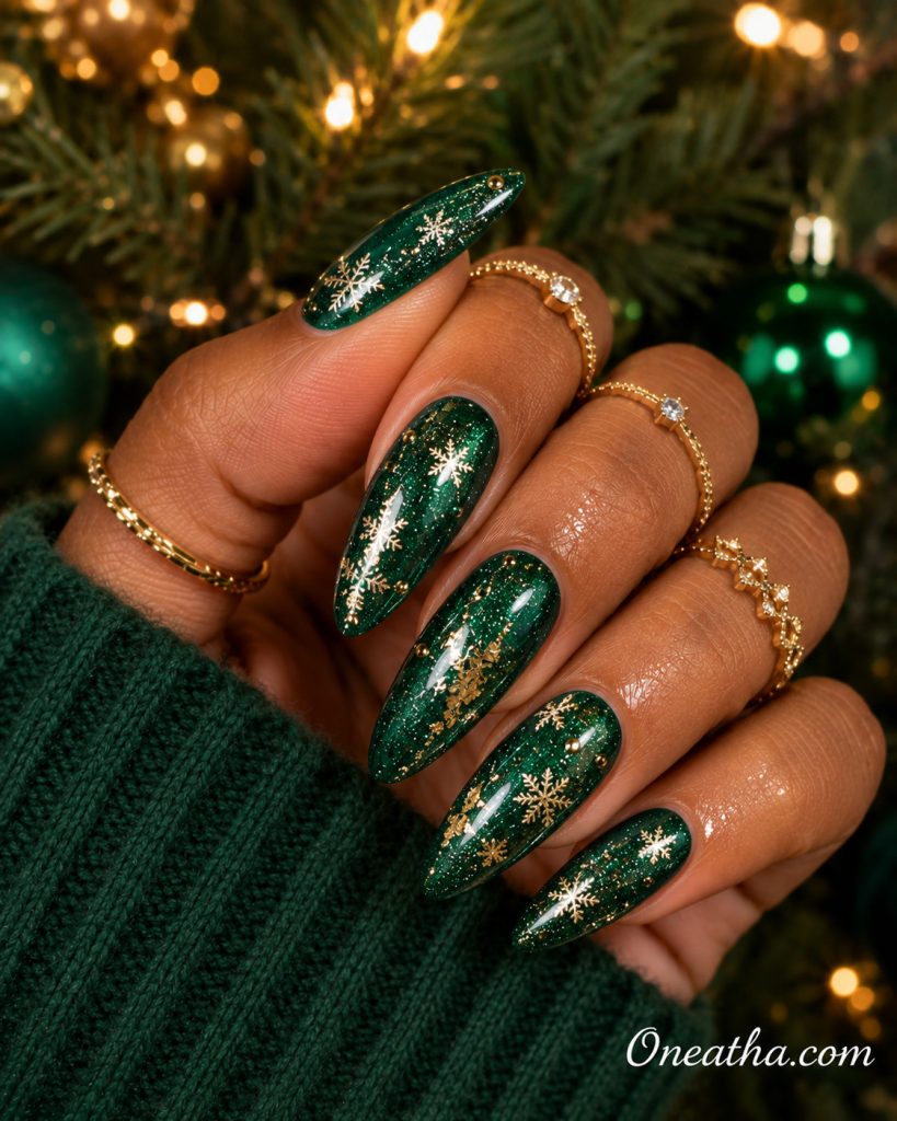 Emerald green Christmas nails by Oneatha.