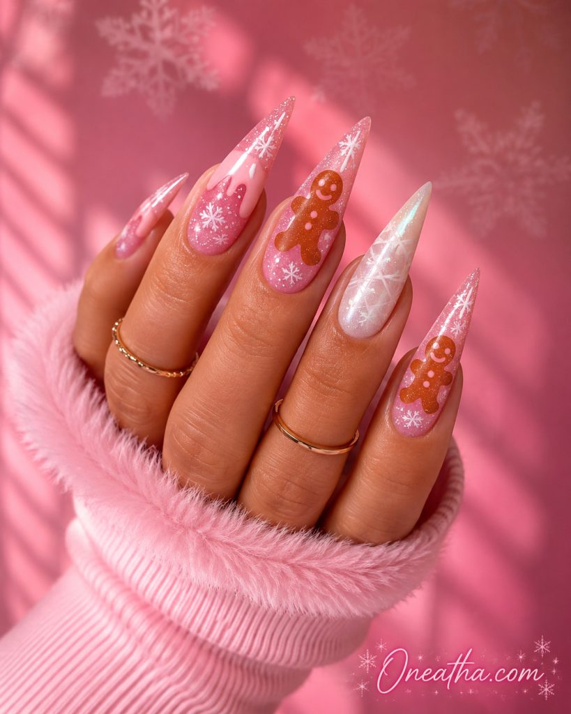 Pink stiletto Christmas nails by Oneatha