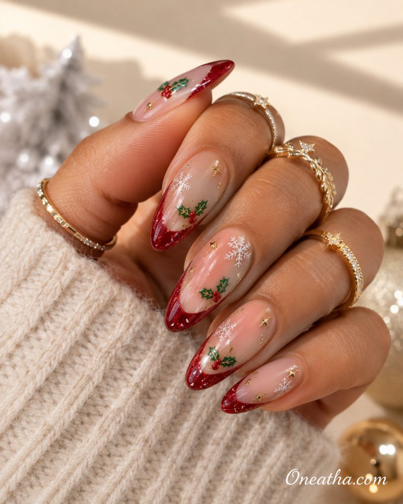 Christmas French tip nails by Oneatha.