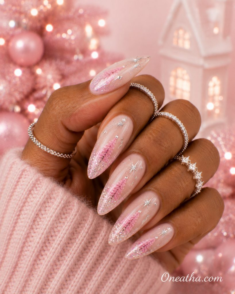 Pink Christmas tree nails by Oneatha