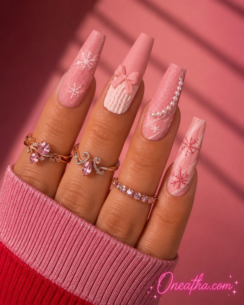 Matte pink Christmas nails by Oneatha