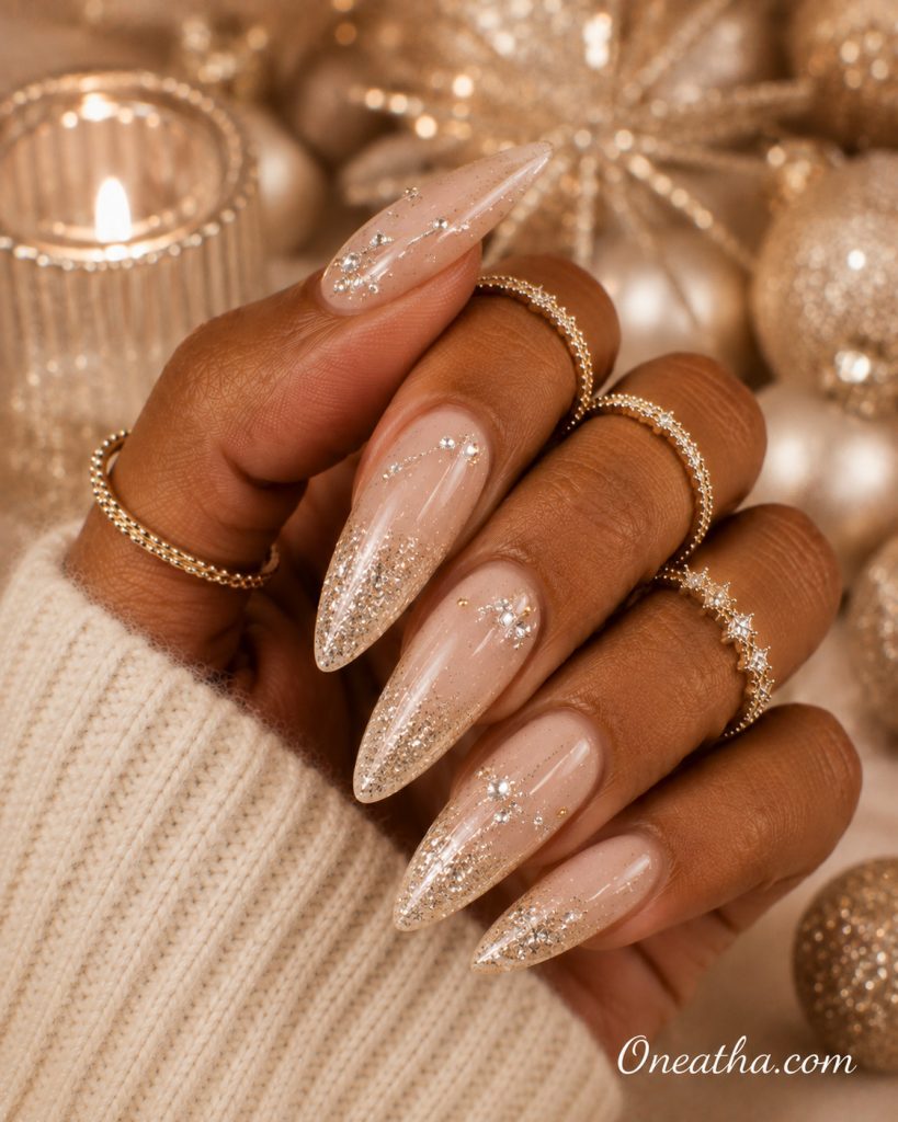 Champagne Christmas nails by Oneatha.