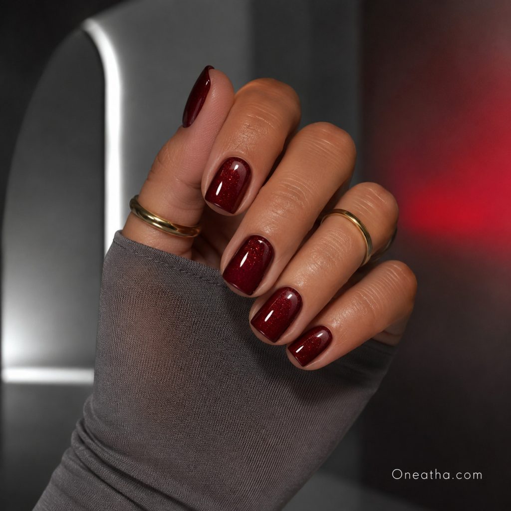 Red burgundy Christmas nails by Oneatha.