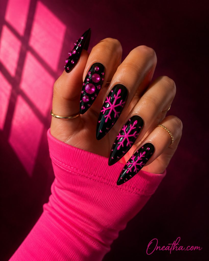 Pink and black Christmas nails by Oneatha