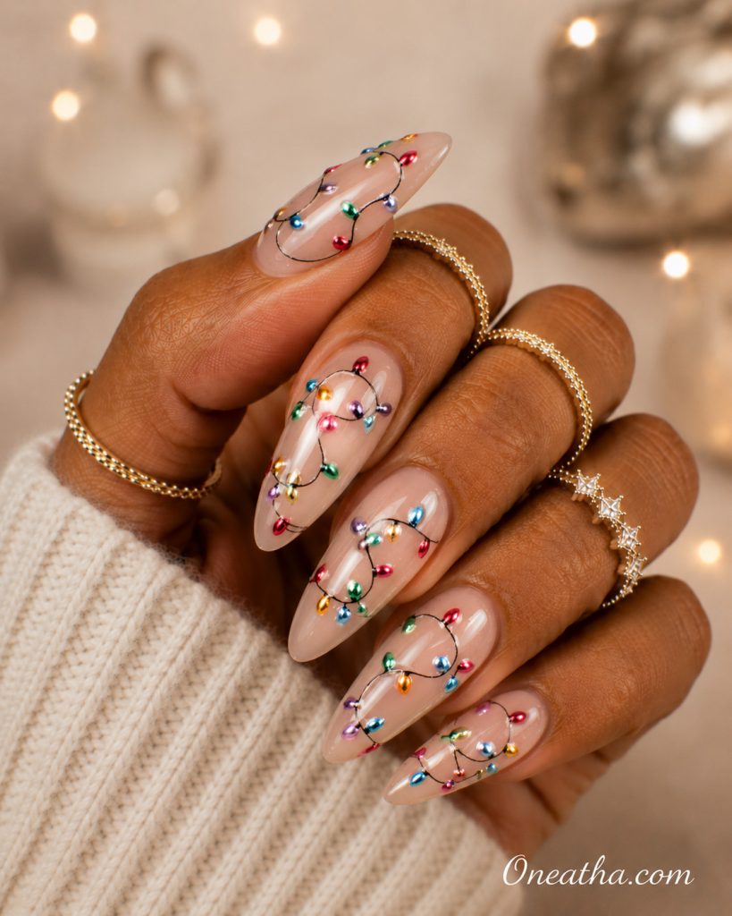 Christmas light nails by Oneatha.