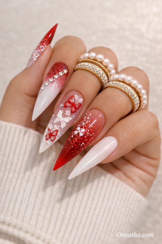 Red and White Butterfly Nails By Oneatha.