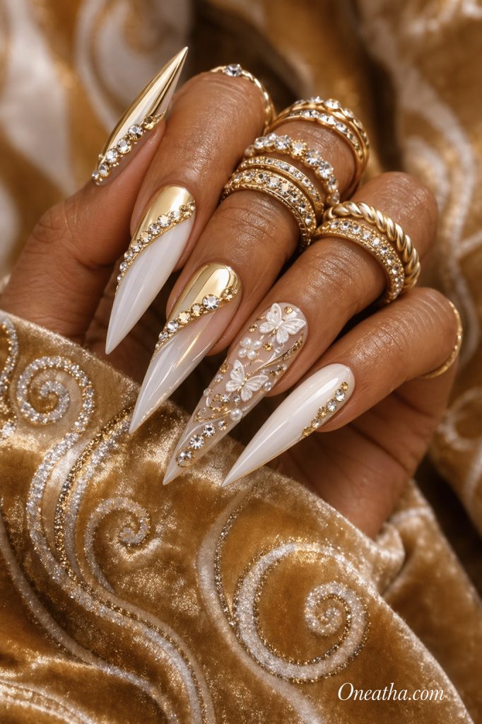 Gold and White Butterfly Nails By Oneatha.