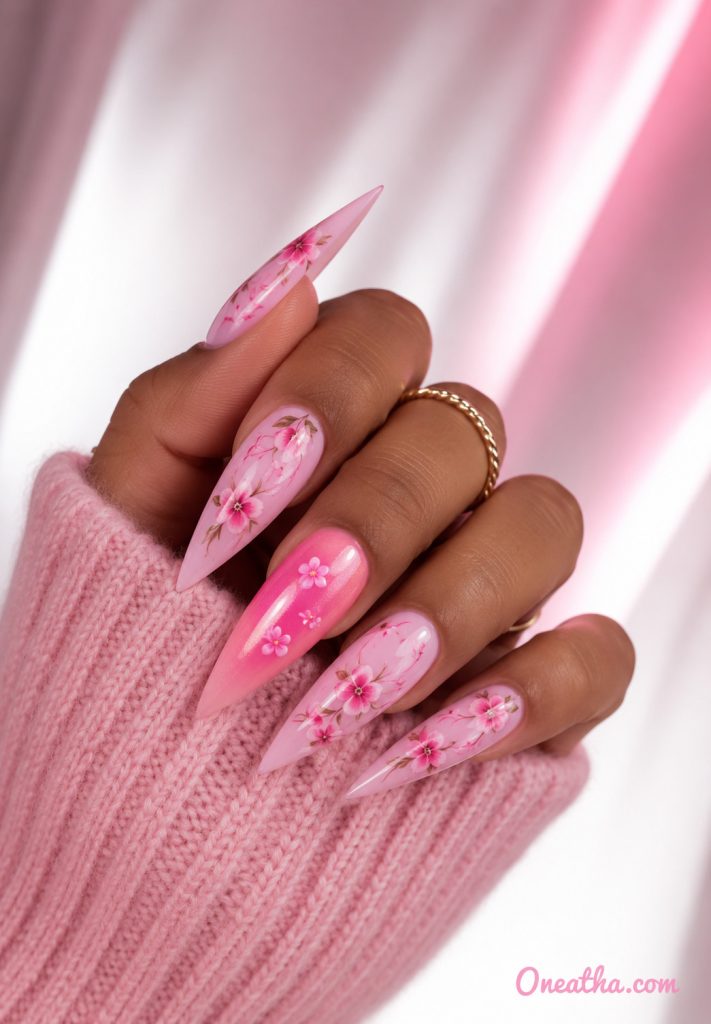 Pink Flower Nails By Oneatha.