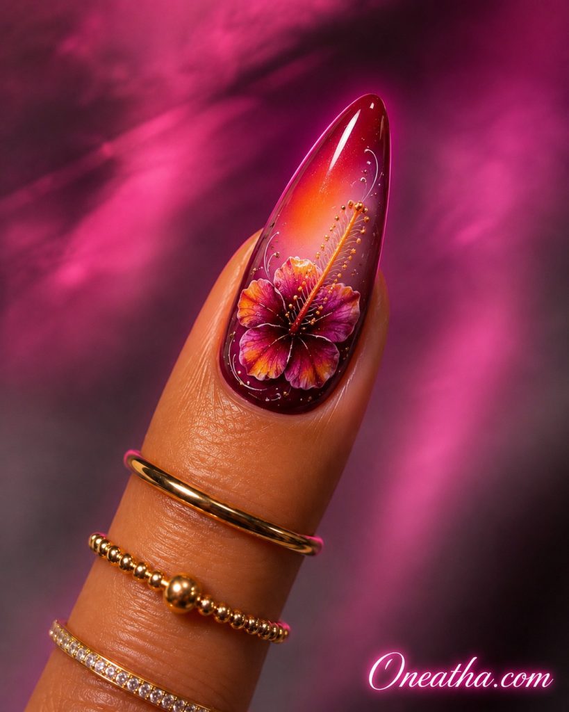 Acrylic almond shaped flower nails by Oneatha.