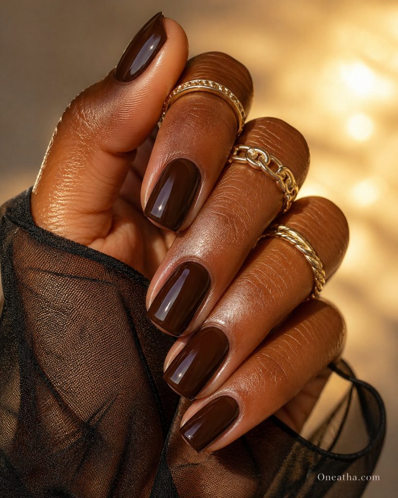 Dark Brown Gel Nails By Oneatha.