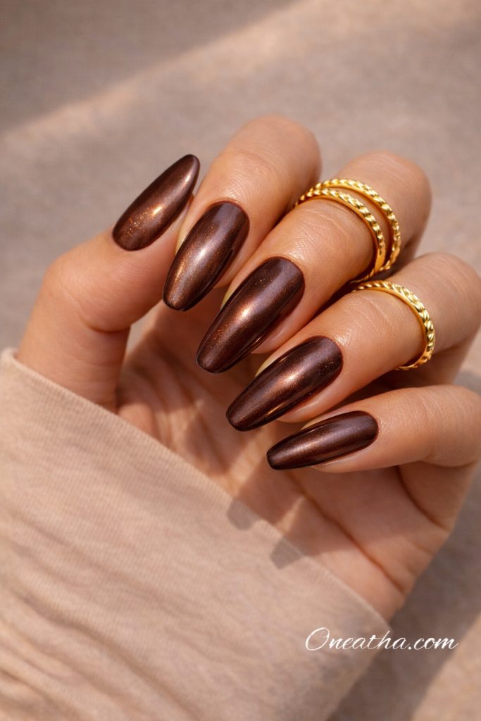 Chocolate Brown Almond Nails By Oneatha.