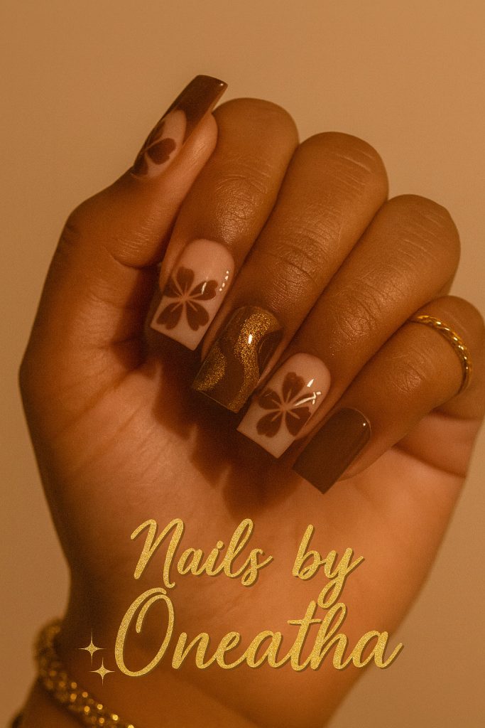 Chocolate Brown Flower Nails By Oneatha.