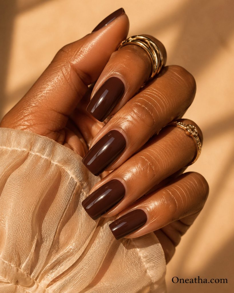 Square Brown Gel Nails By Oneatha.