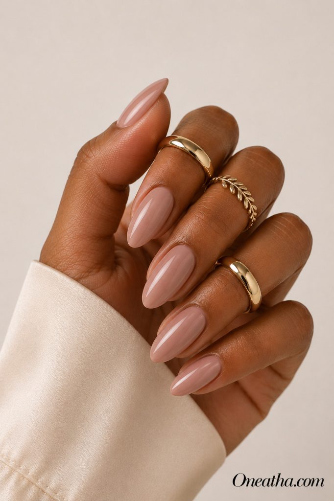 Short Brown- Beige Almond Nails By Oneatha.