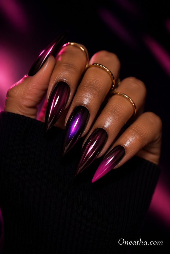 Burgundy chrome aura nails by Oneatha.