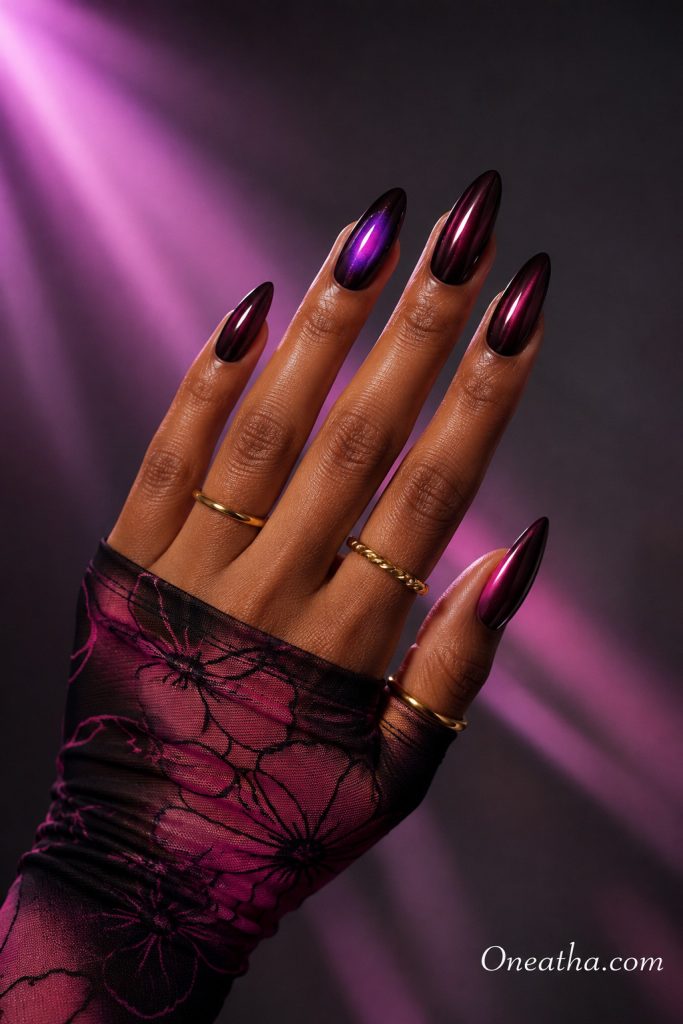 Almond aura chrome nails by Oneatha