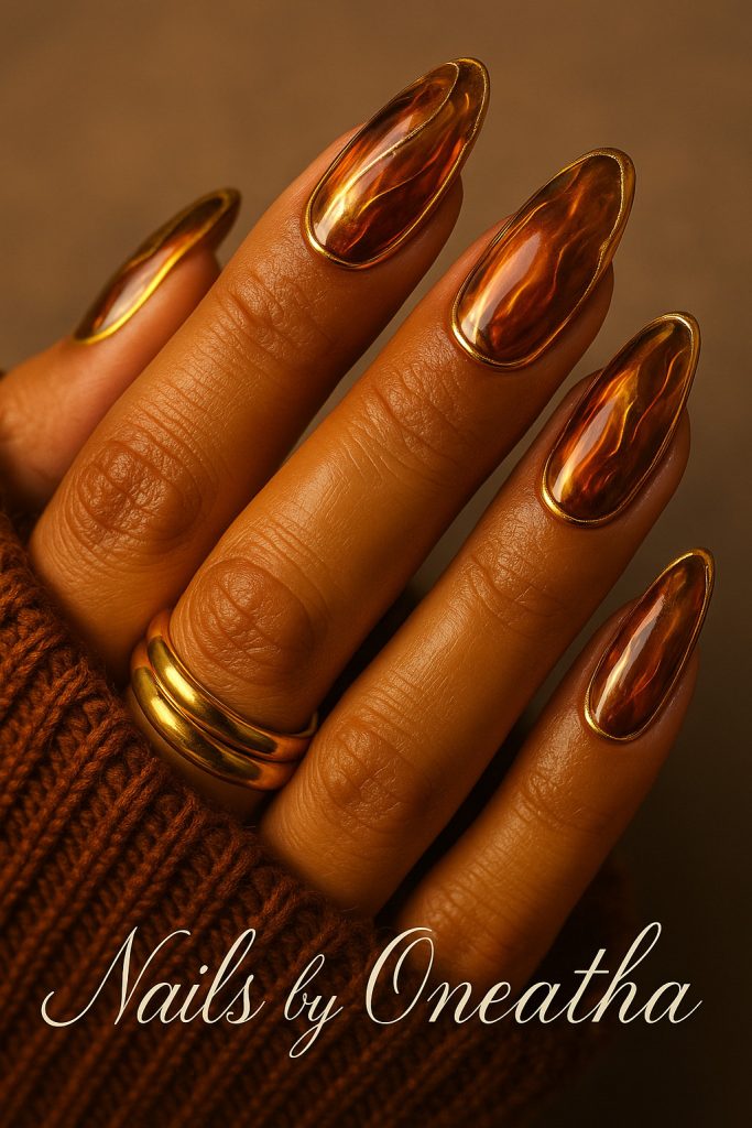 Brown Chrome Almond Nails By Oneatha.