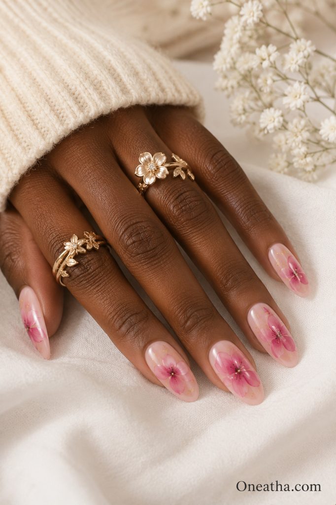 Pink flower nails by Oneatha.
