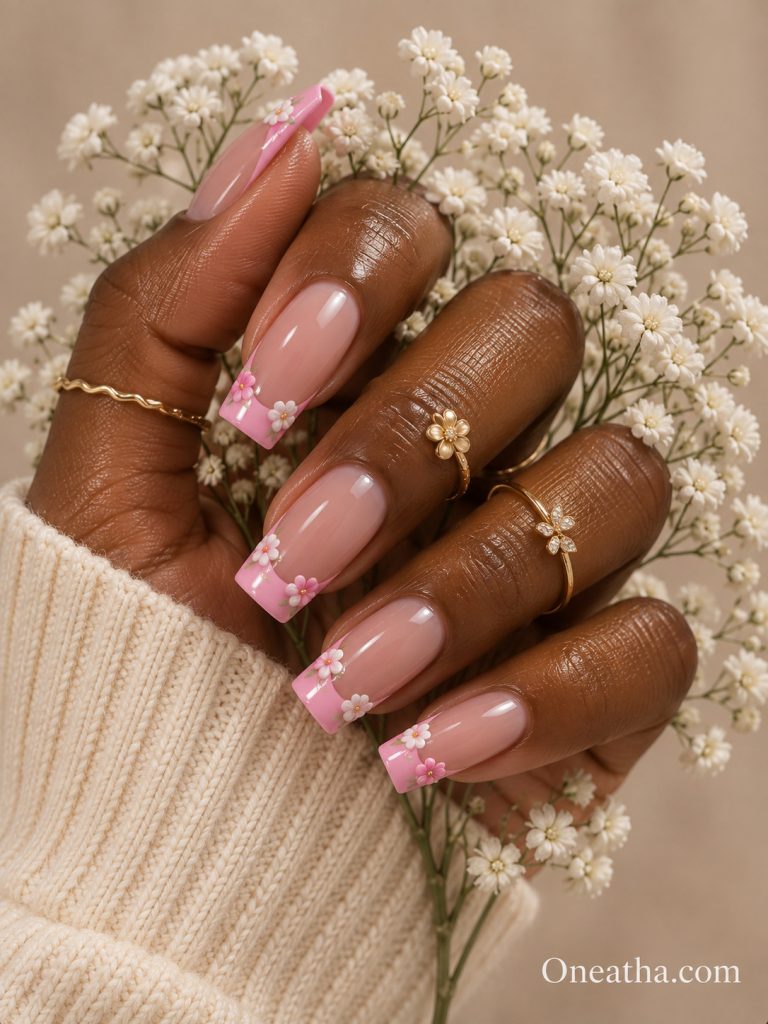 Pink French tip nails by Oneatha.