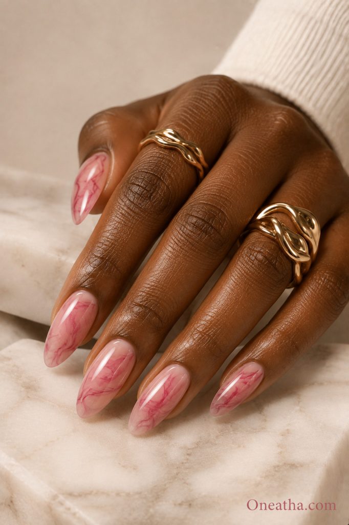 Raspberry pink marble nails by Oneatha.