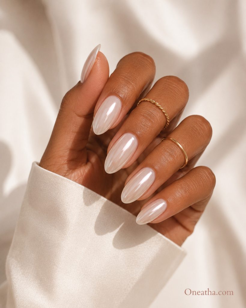 Pearl chrome wedding nails by Oneatha
