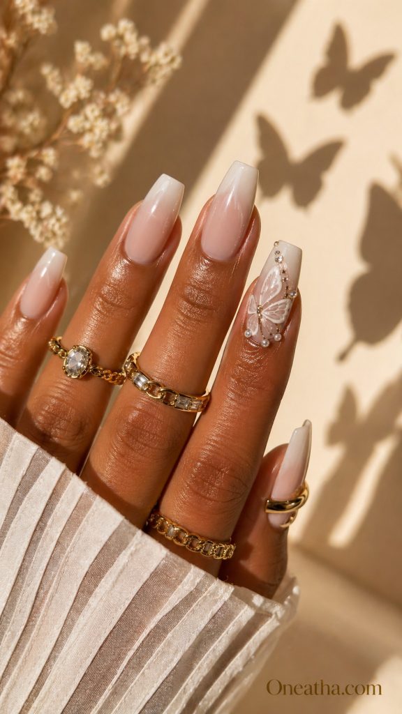 Ombre butterfly wedding nails by Oneatha.