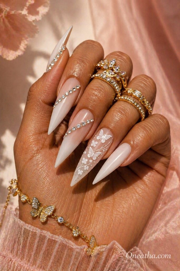 Butterfly wedding ombre nails by Oneatha.