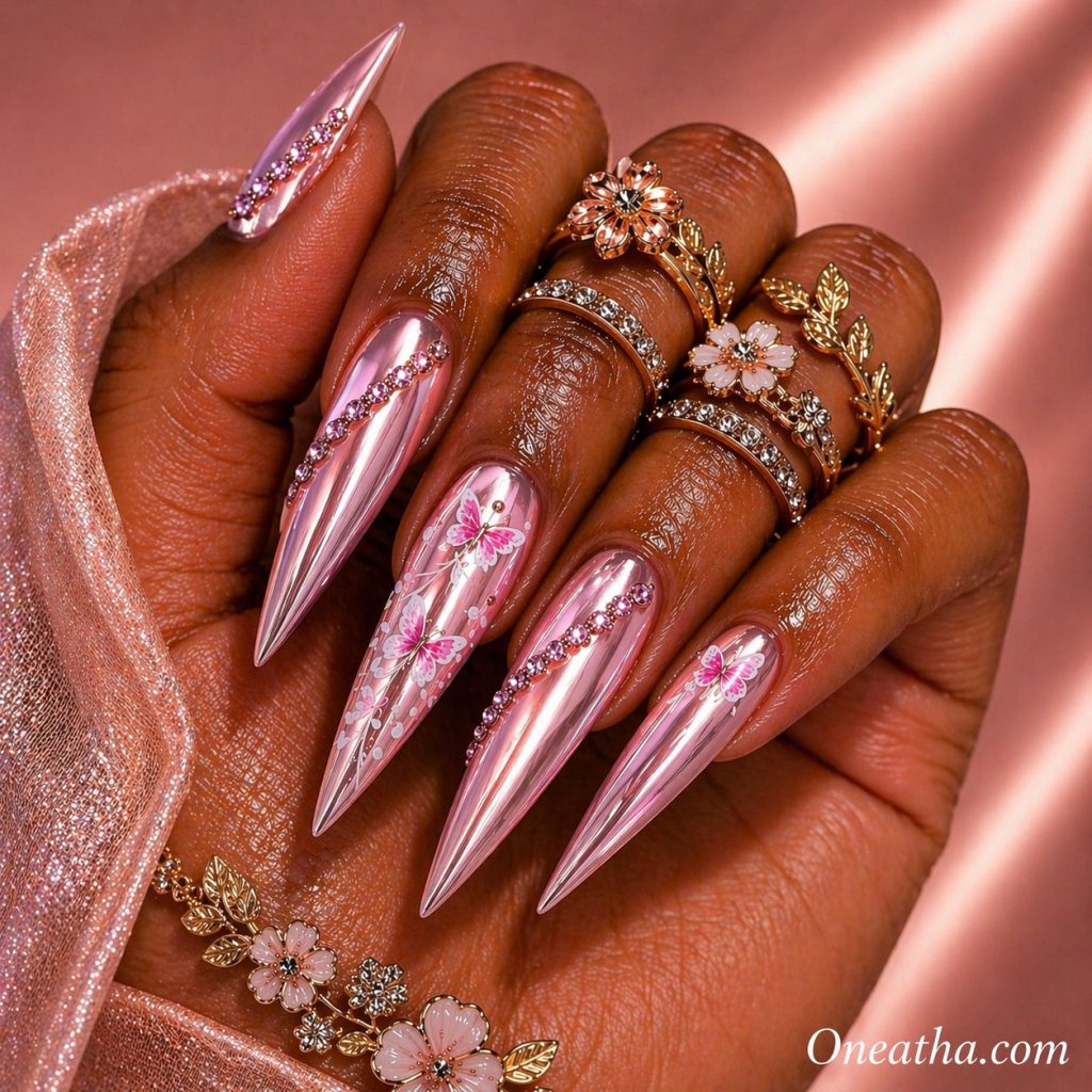Pink chrome butterfly nails by Oneatha