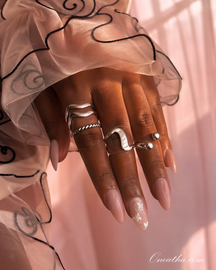 Butterfly almond wedding nails by Oneatha.