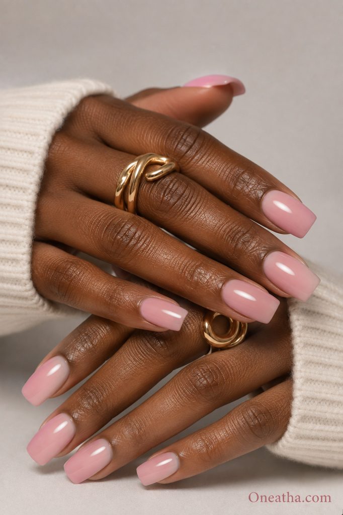 Glossy blush pink square nails with luxury salon finish.