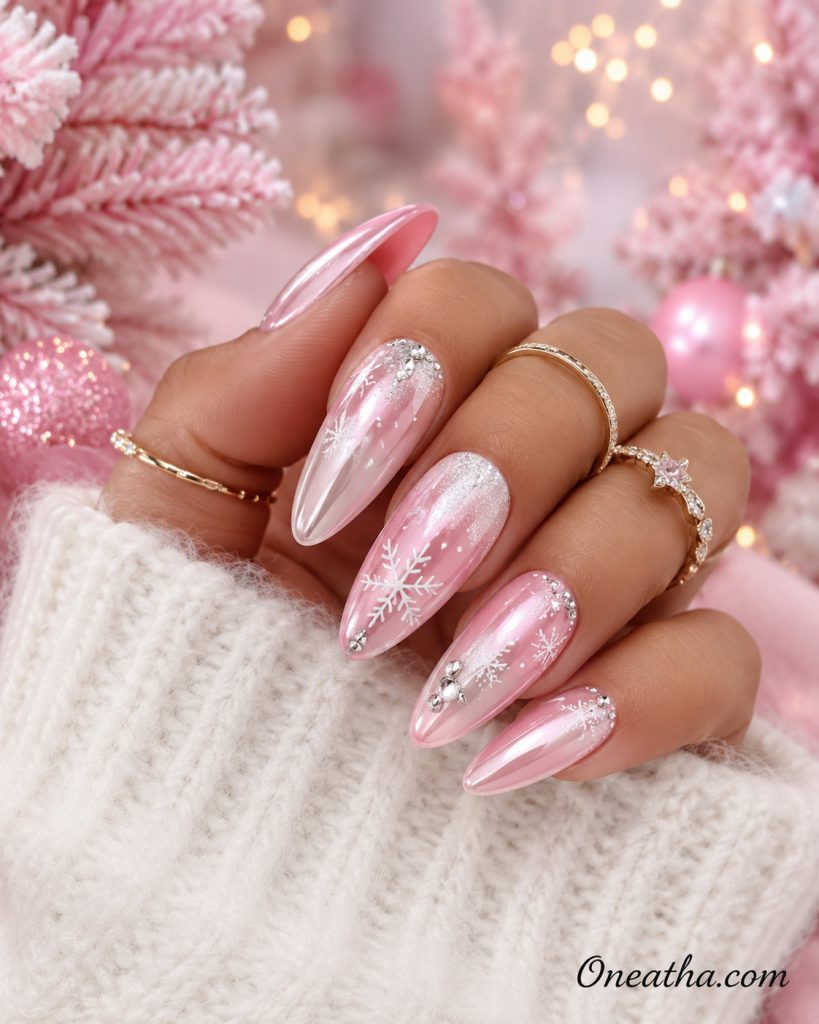 Pink chrome Christmas snowflake nails by Oneatha.