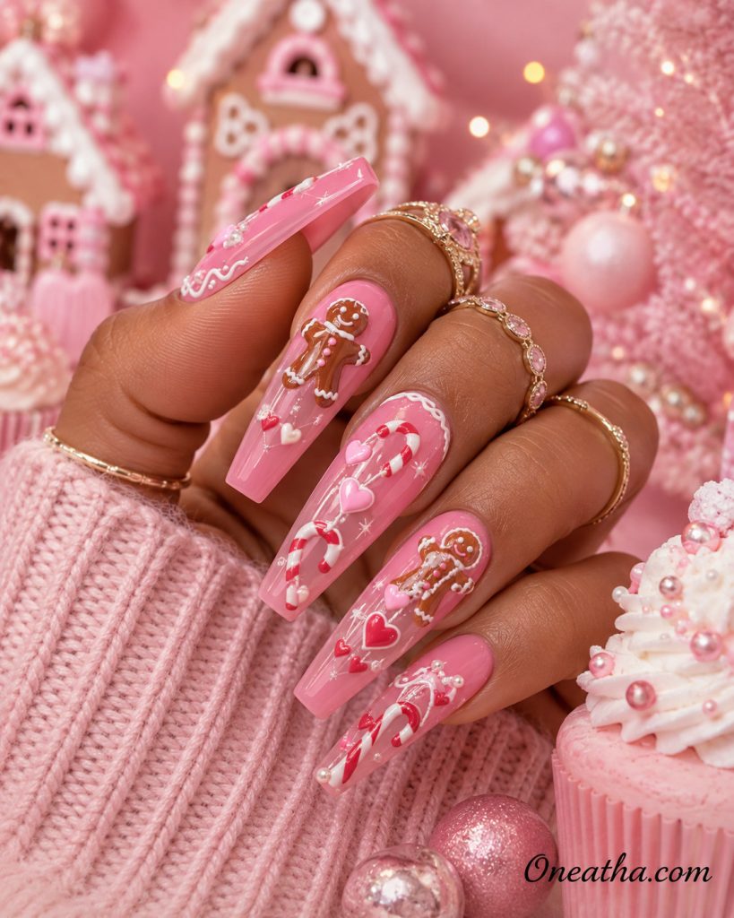 Pink gingerbread Christmas nails by Oneatha.