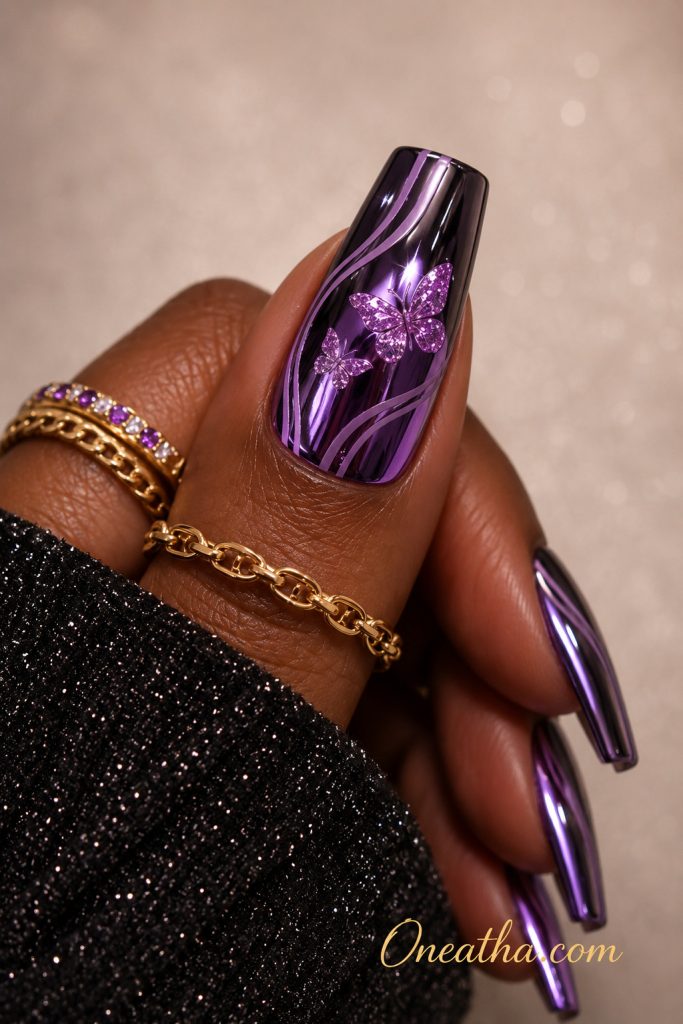 Purple Butterfly Chrome Nails By Oneatha